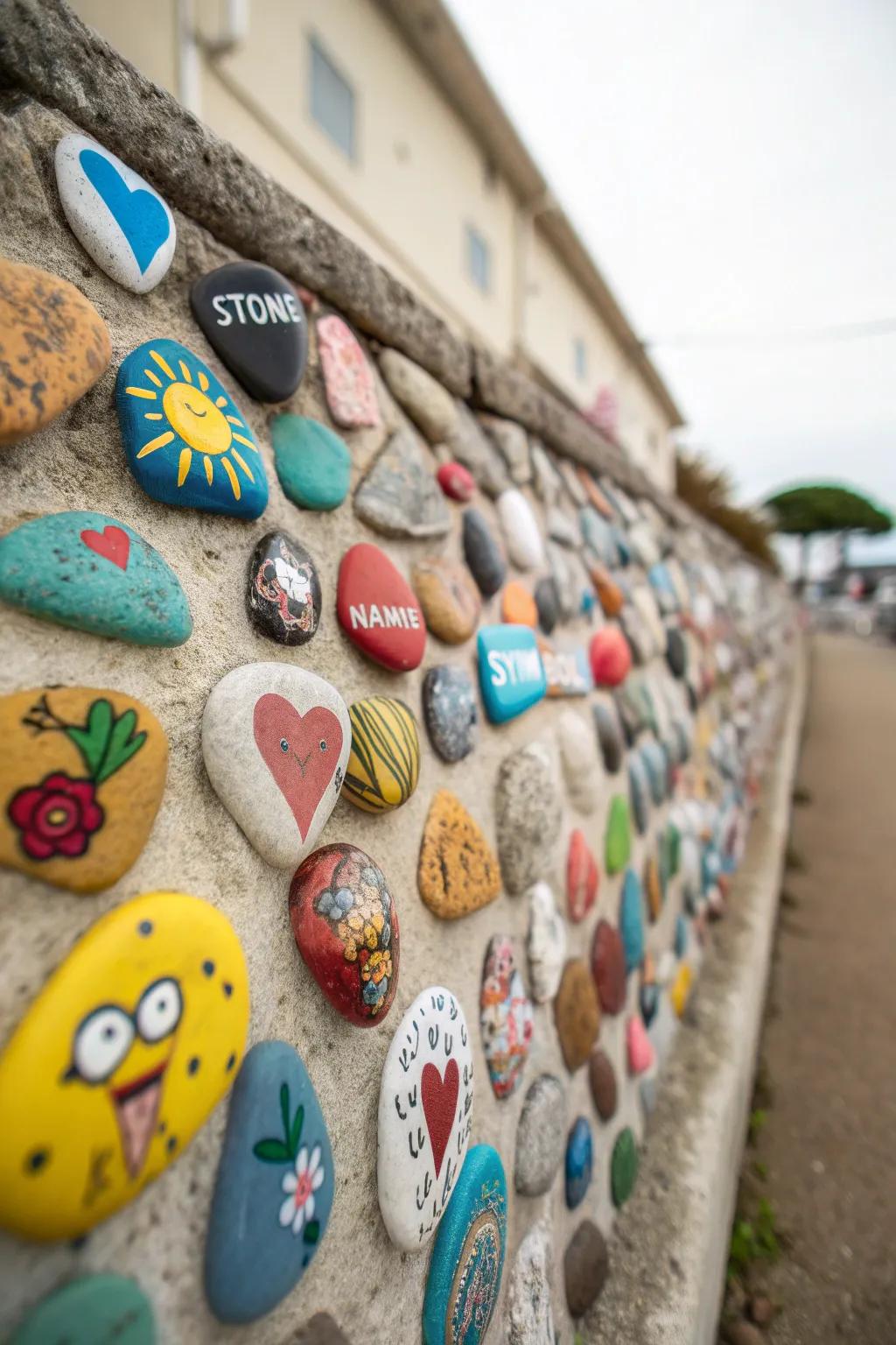 Hand-painted rocks narrating tales on a garden memorial display.