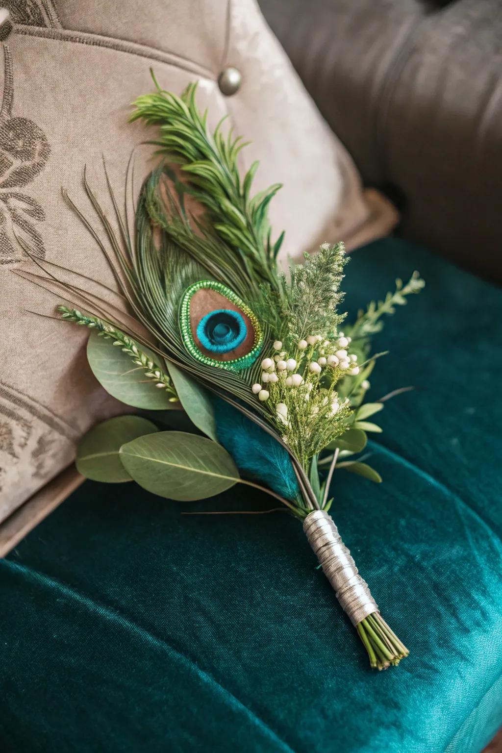 An iridescent plume accessory adds a unique element.