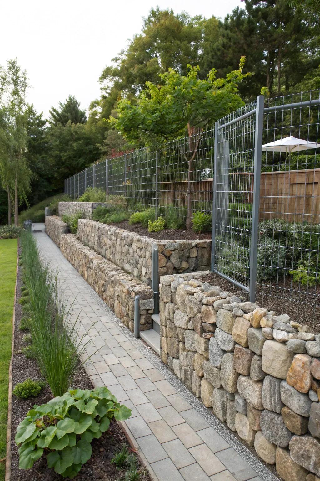 Gabion walls combine nature with metal structures