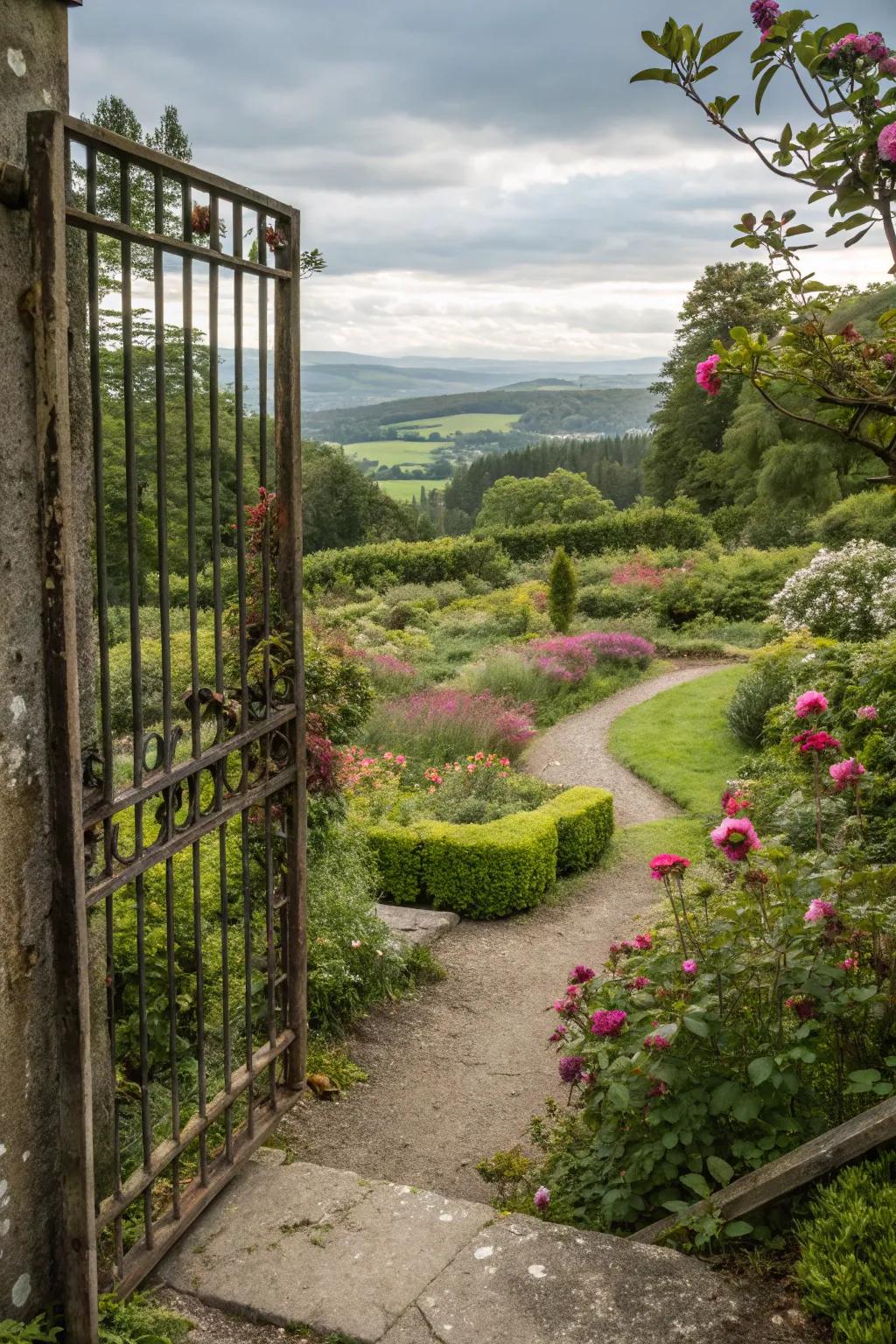 Gates that frame views add a curated sensation to gardens.