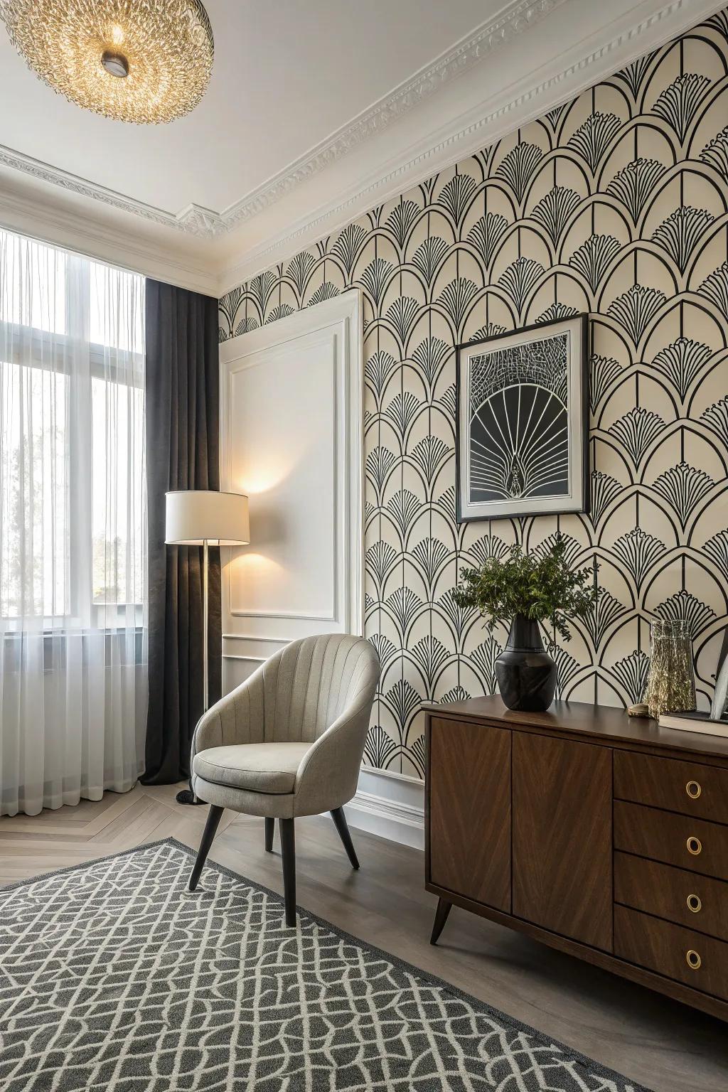 A stylish room featuring mid-century wallpaper with monochrome.