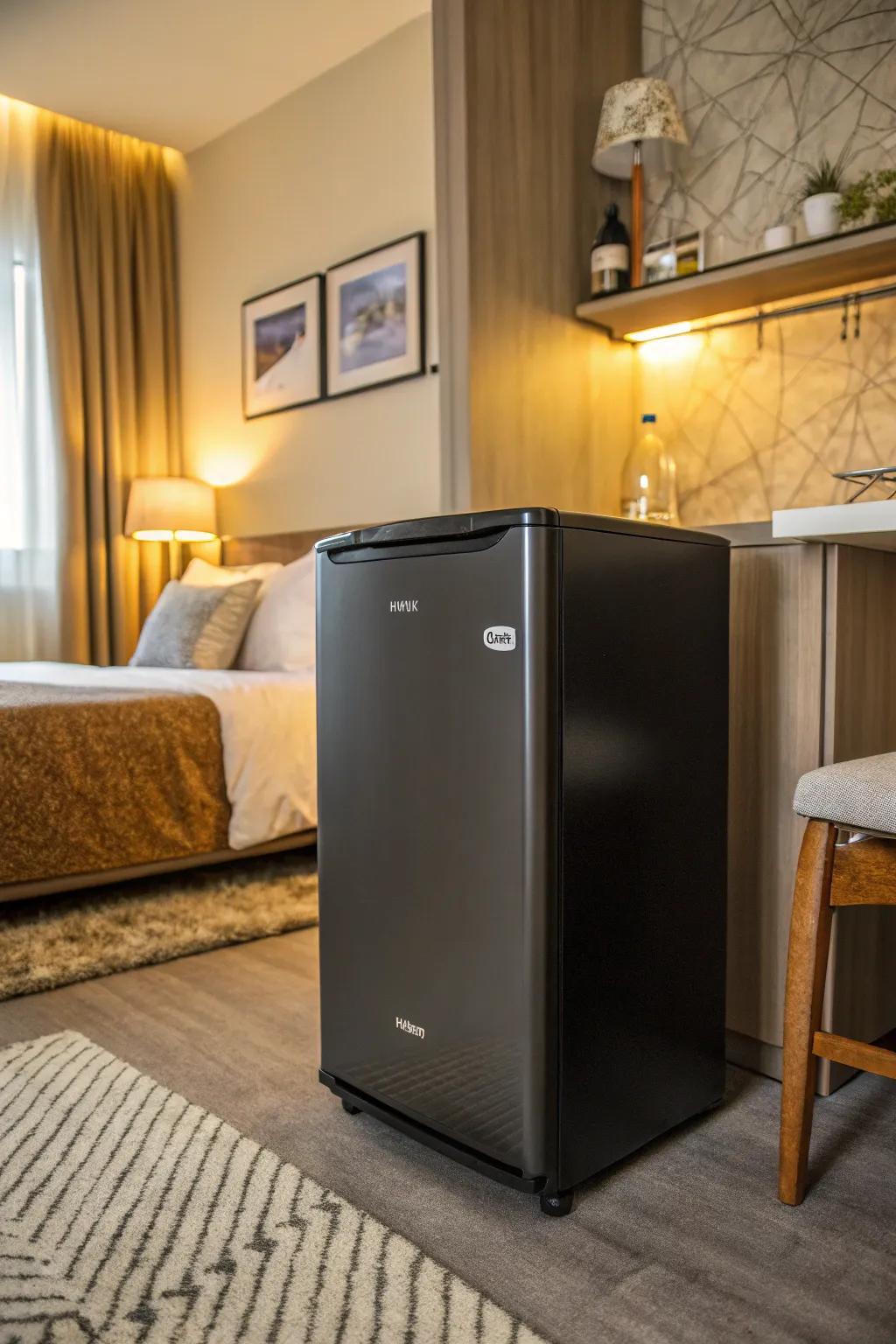 An eco-conscious miniature refrigerator within a bedroom setting.