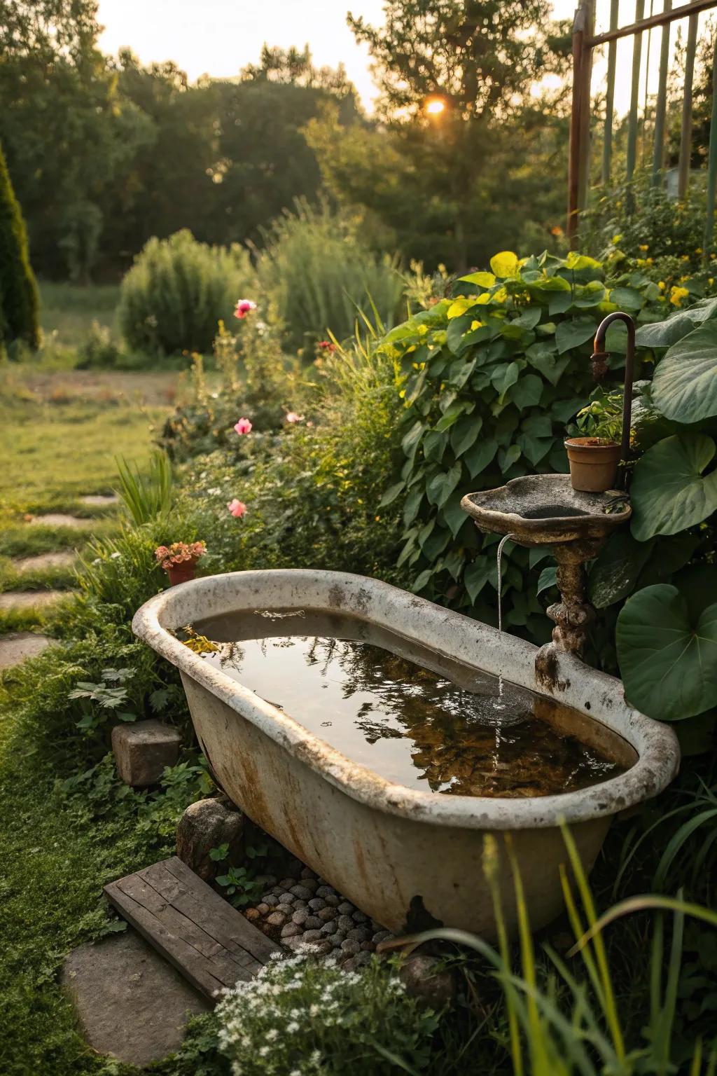An old washbasin turned into an eco-friendly mini pond.