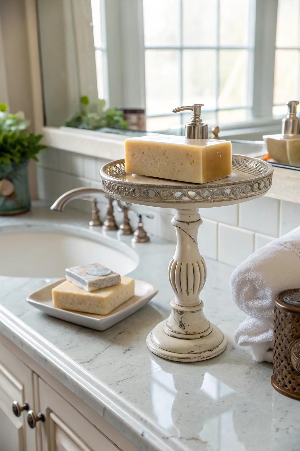 A pedestal adds height and interest to the bathroom counter.