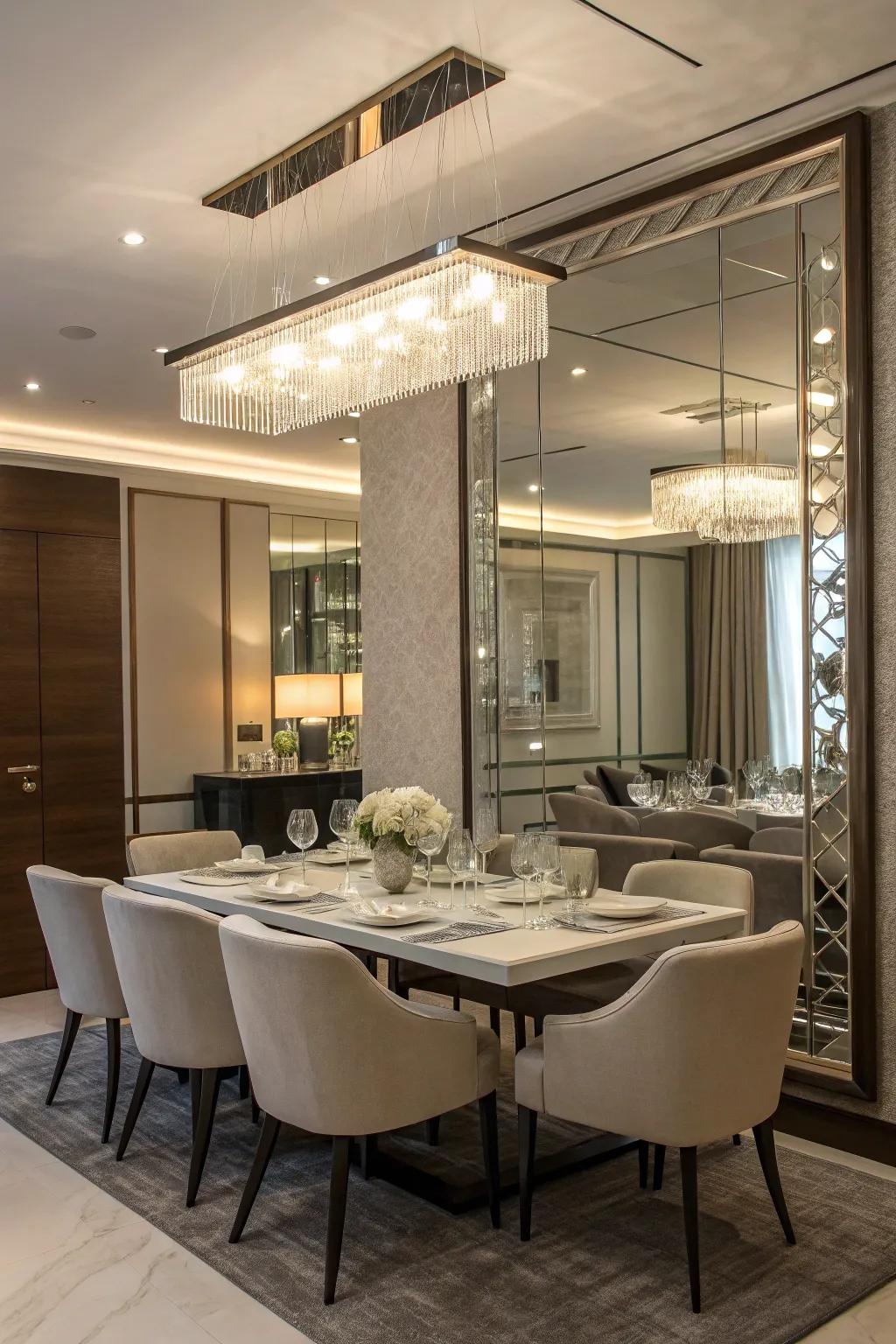 A floating glass frame mirror adds elegance to a modern dining room.