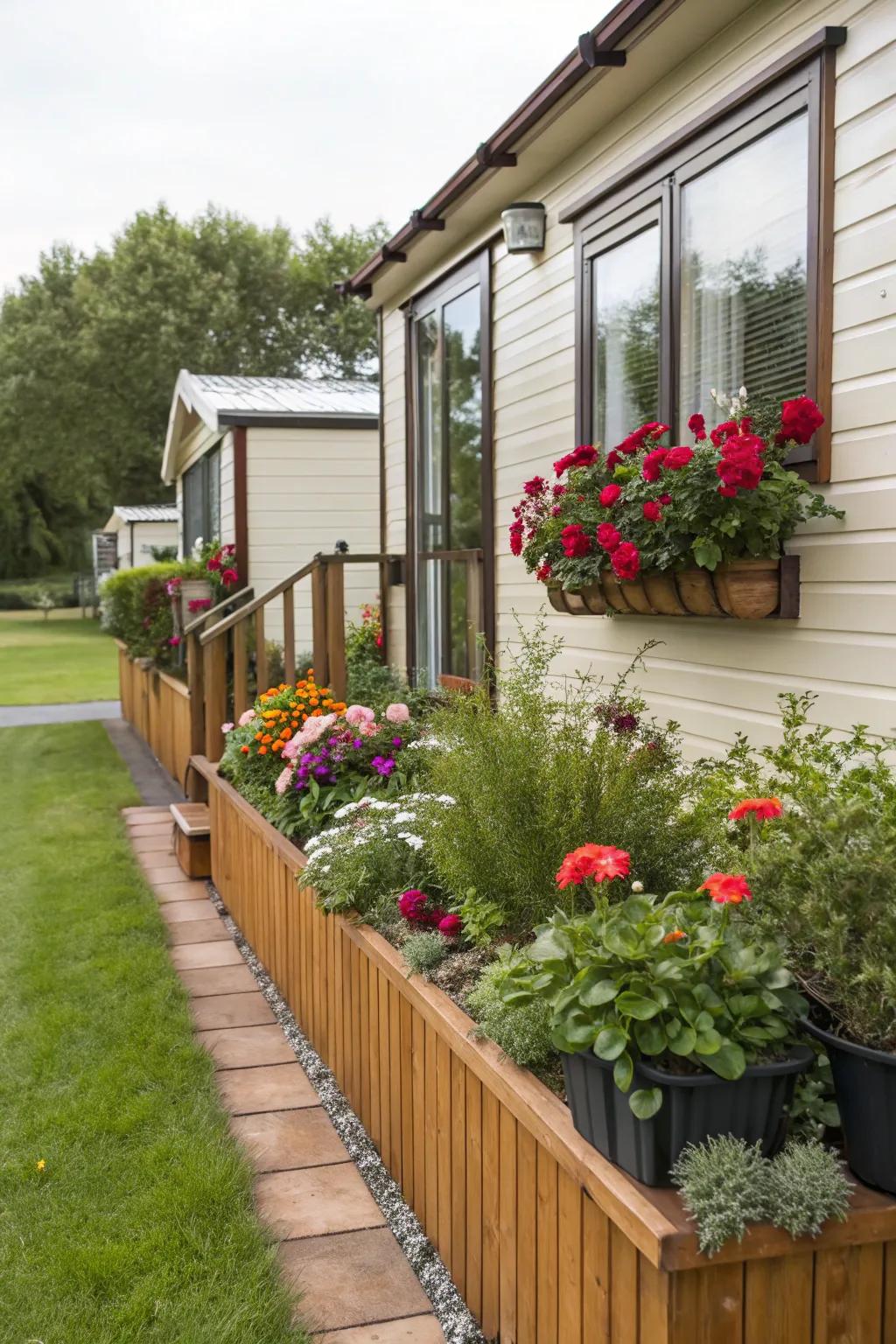 Timber skirting with built-in planters brings the appeal of nature to your doorstep.