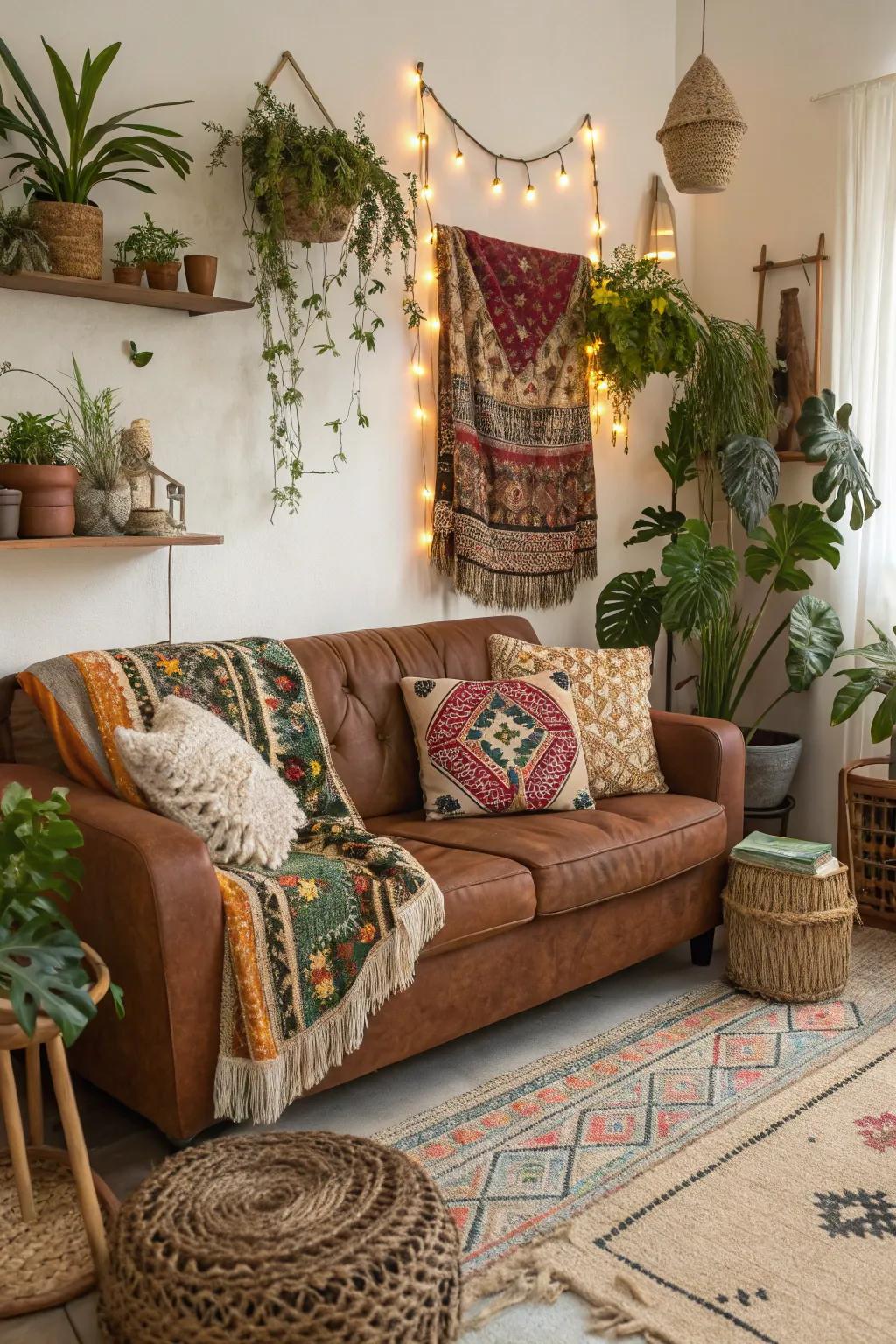 Bohemian touches establish a relaxed and vibrant area around the chocolate-brown sofa.