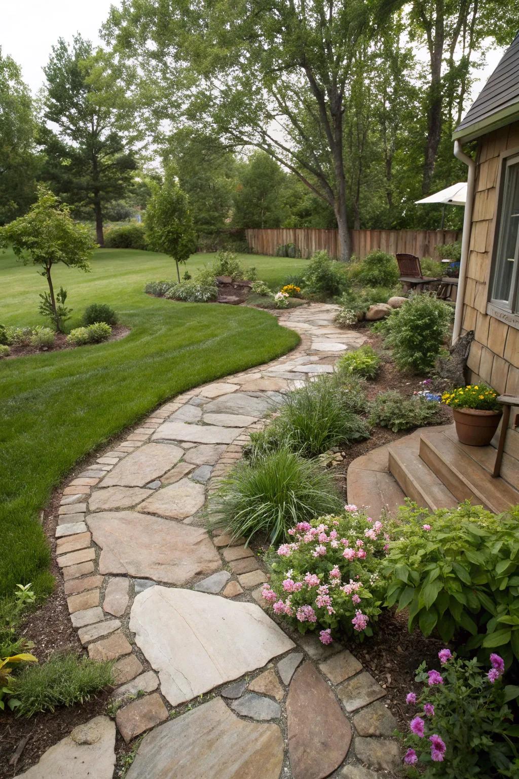 A rustic backyard design featuring natural stone elements.