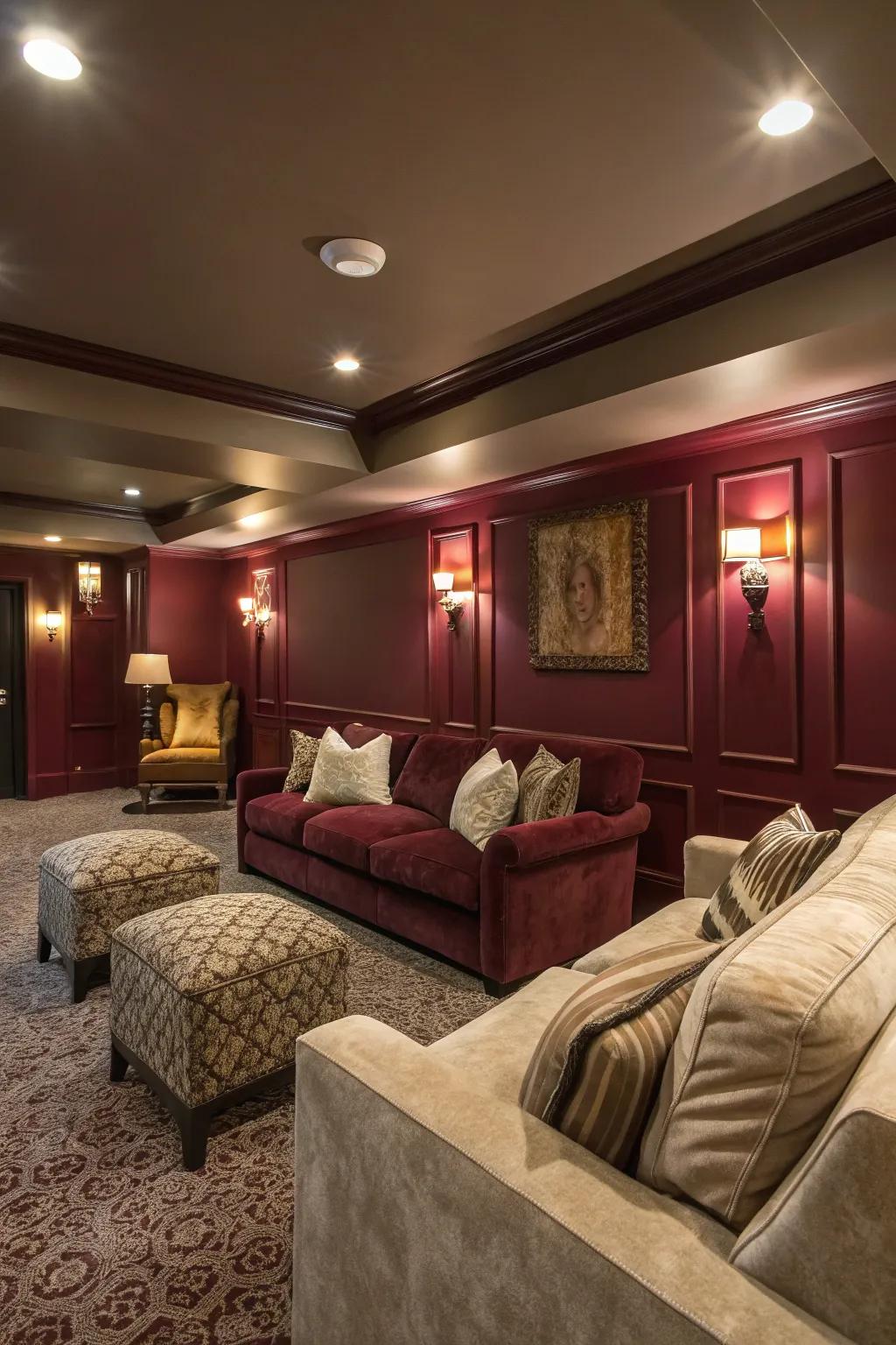 Abundant maroon creates a cozy and comforting ambiance.