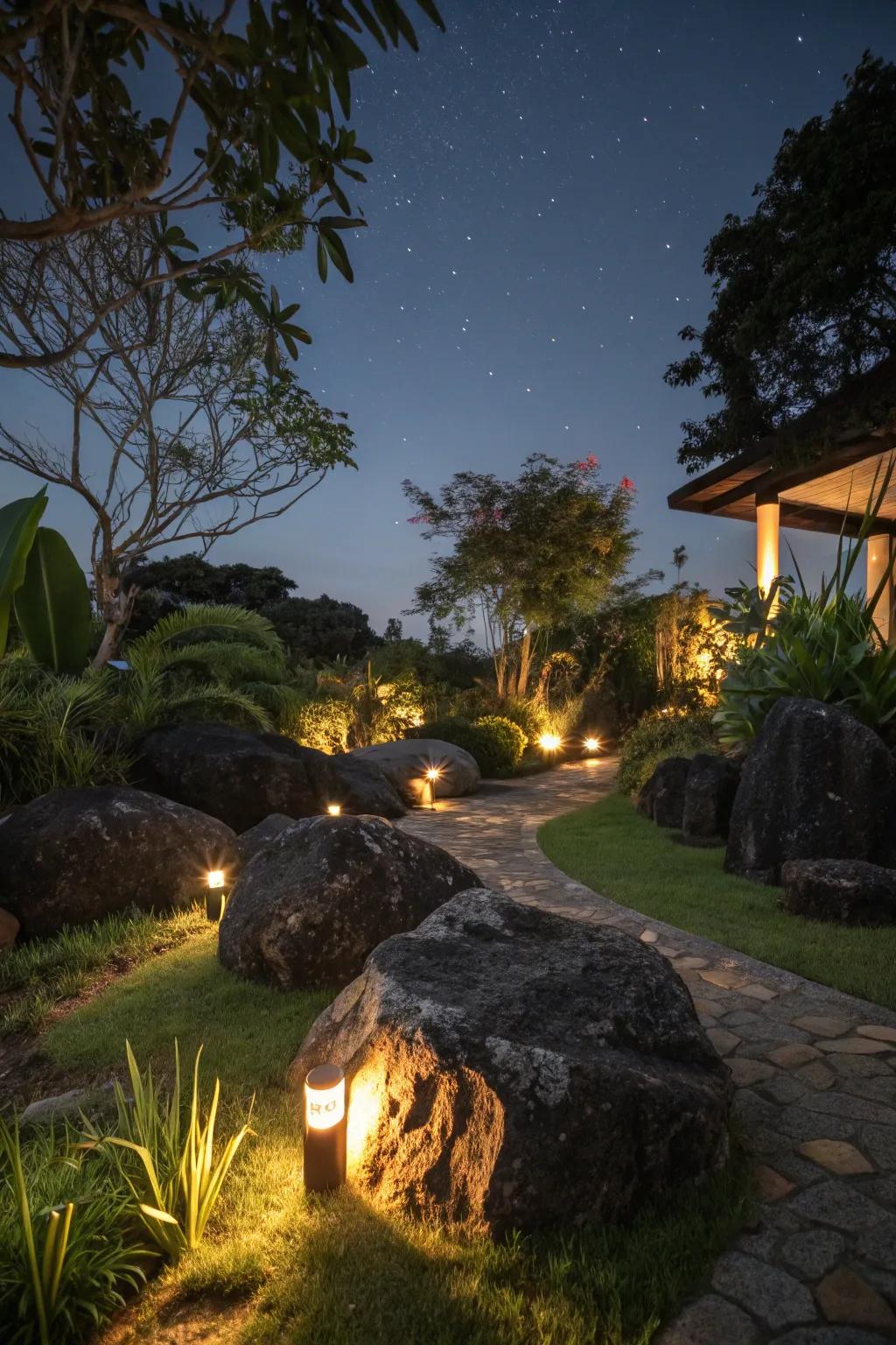 Exterior lights creating a dramatic effect with dark stones.