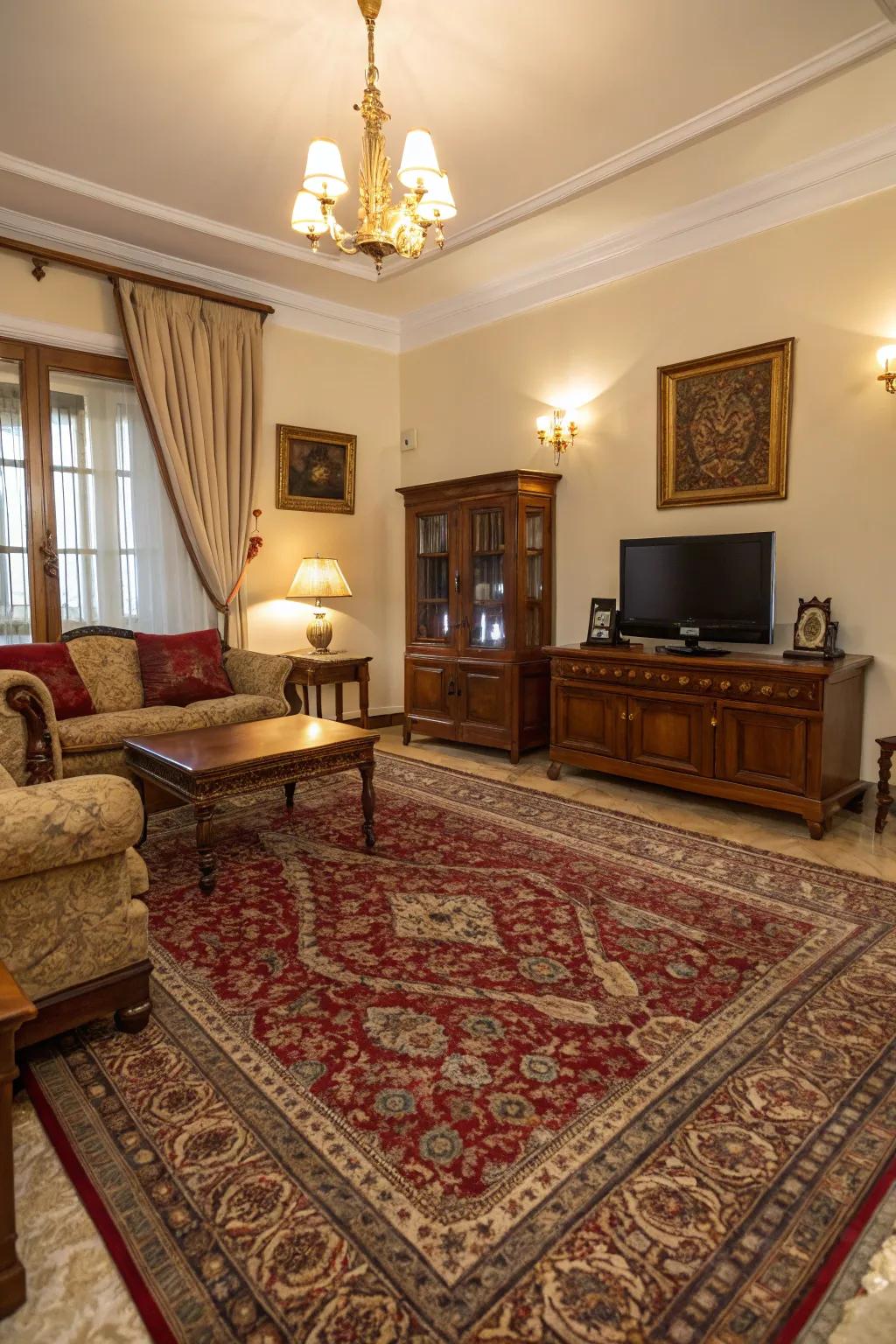 Classic living room featuring a vintage Persian-style carpet as a focal point.