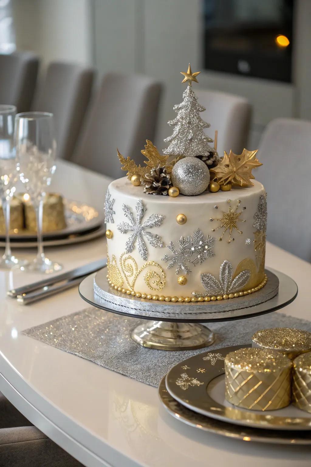 Christmas cake with metallic marvels