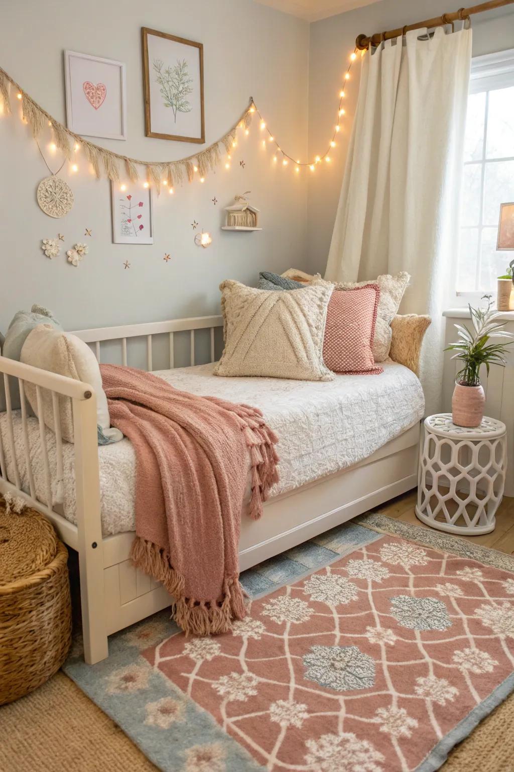 Throws and ground coverings introduce warmth and coziness to a daybed arrangement.