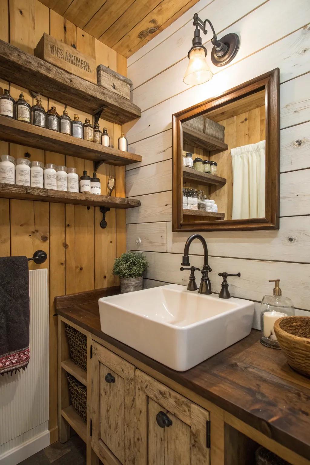 A farmhouse sink adds practicality and charm to this bathroom.