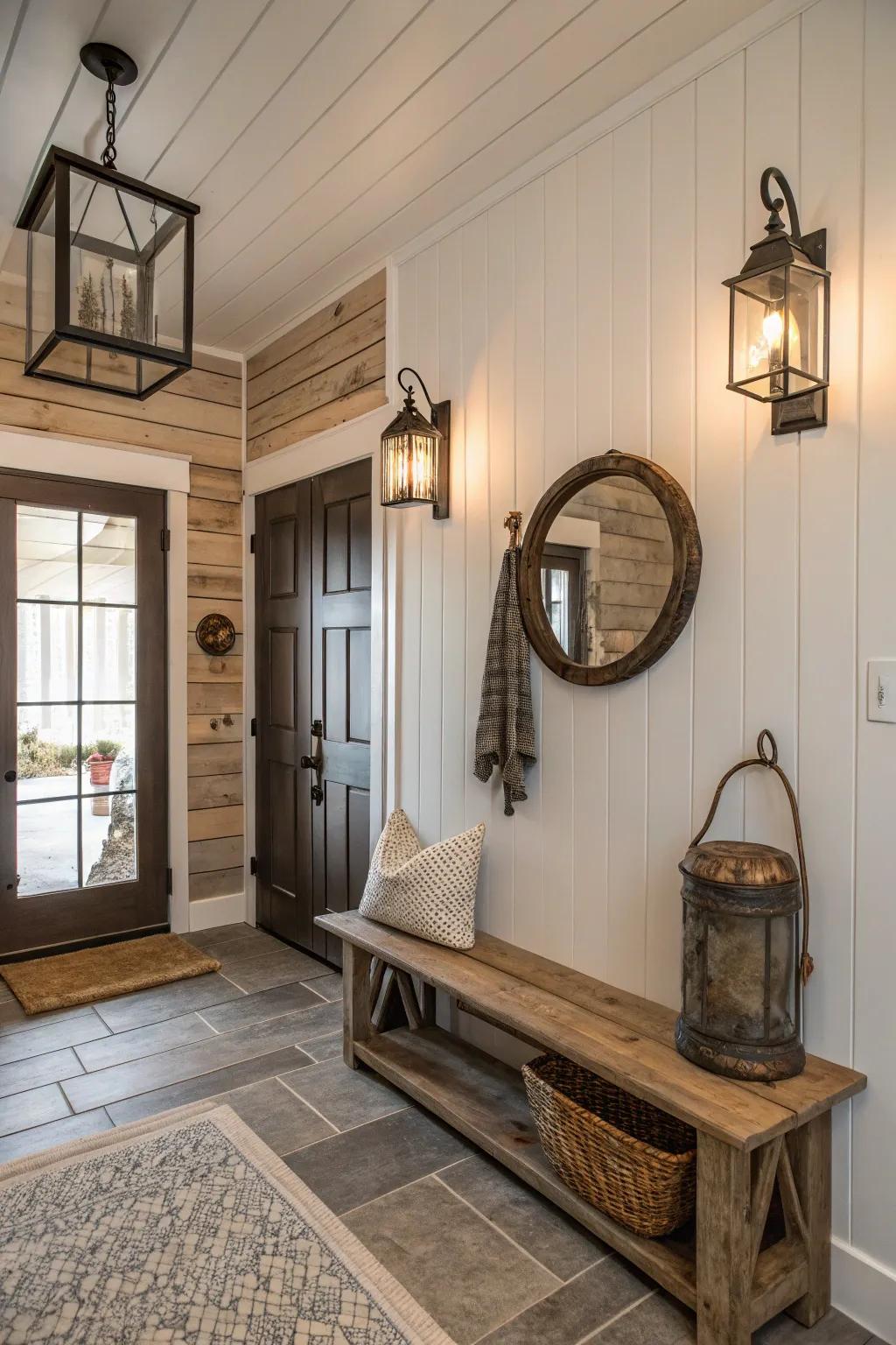 Clapboard walls enhance the country appeal of the entryway.