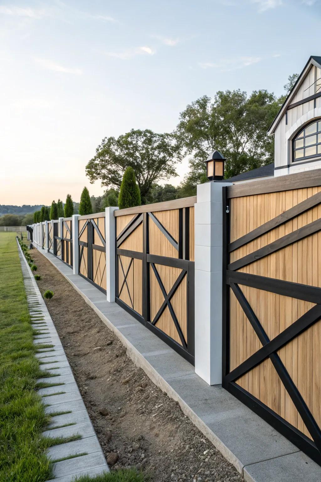 Modern architectural accents transform this farmhouse fence into a striking feature.