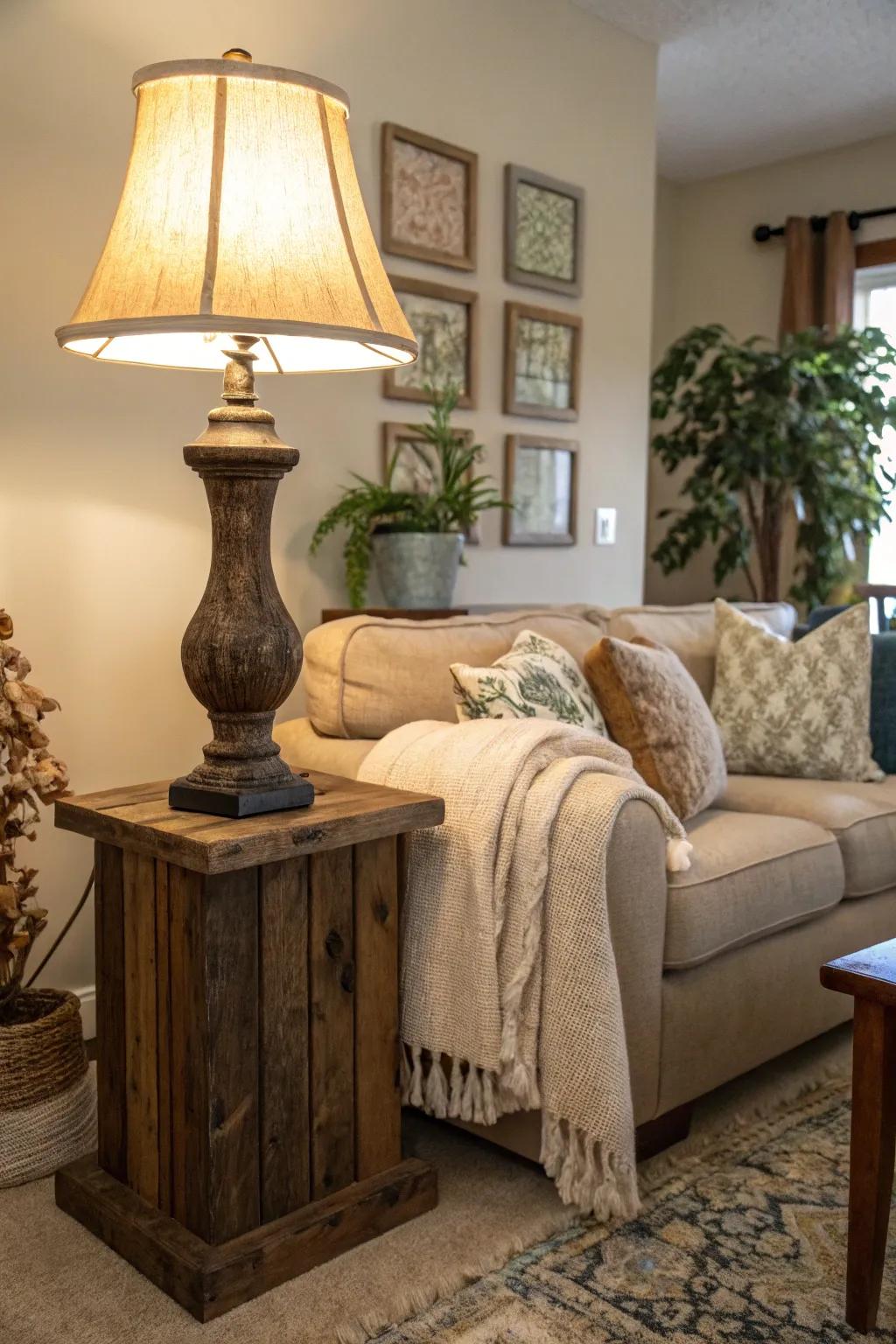Upcycled wood lamps introduce eco-friendly charm.