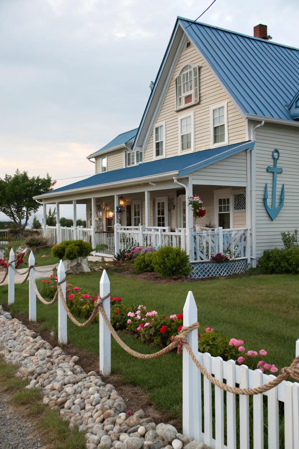 Seaside charm: A farmhouse featuring a serene ocean metal roof.