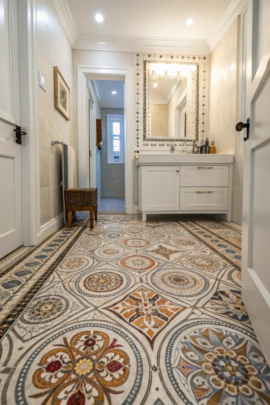 Detailed patterned floor tiles in a powder room.