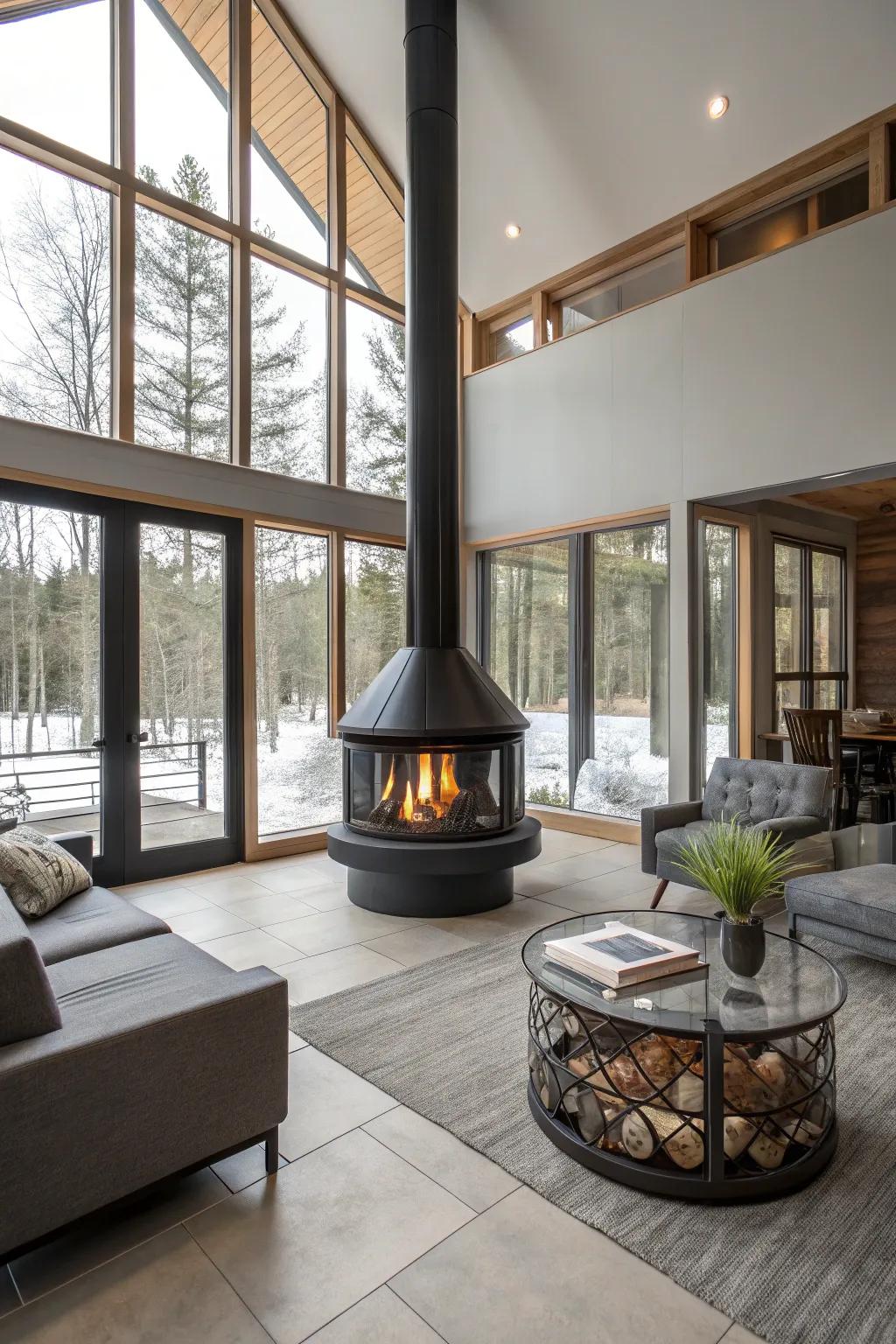 A glass-surrounded fireplace that blends safety with sleek design.