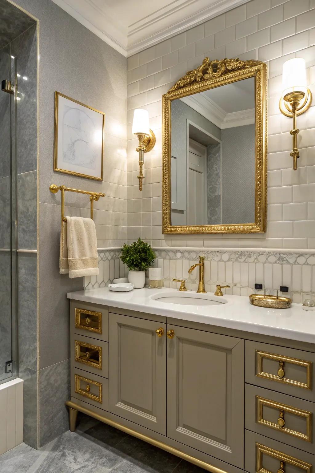 Metallic accents deliver a rich contrast and elevate the bathroom's design.