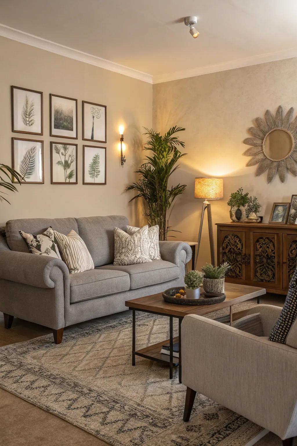 A sand colored feature wall creates a striking focal point.