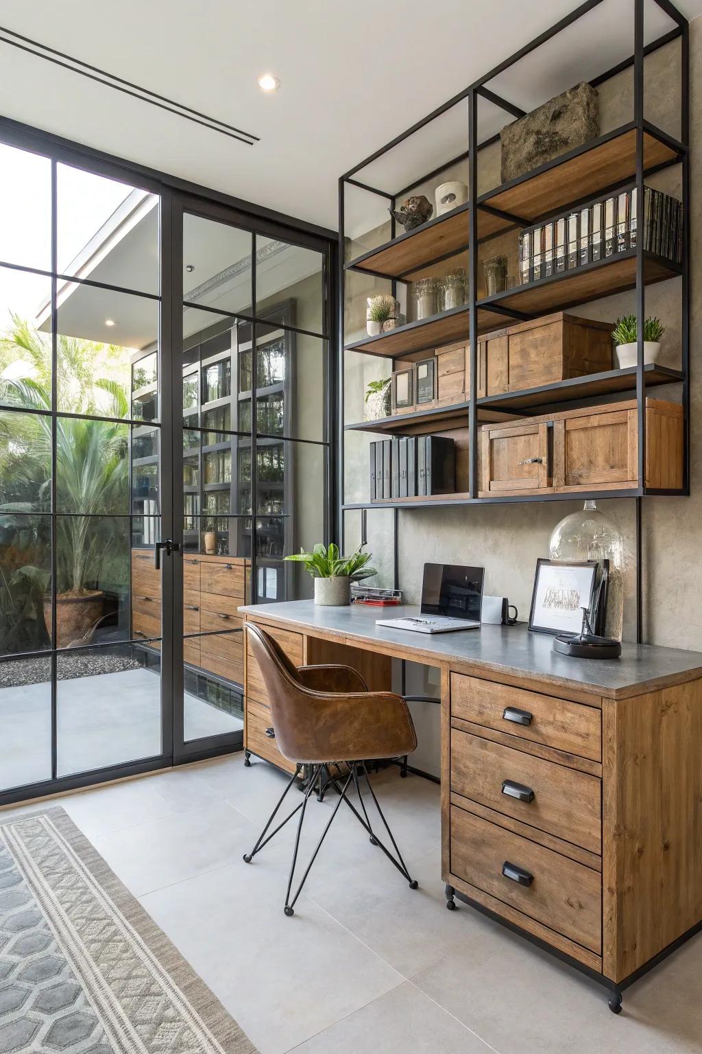 Mixing materials for a vibrant home office design.