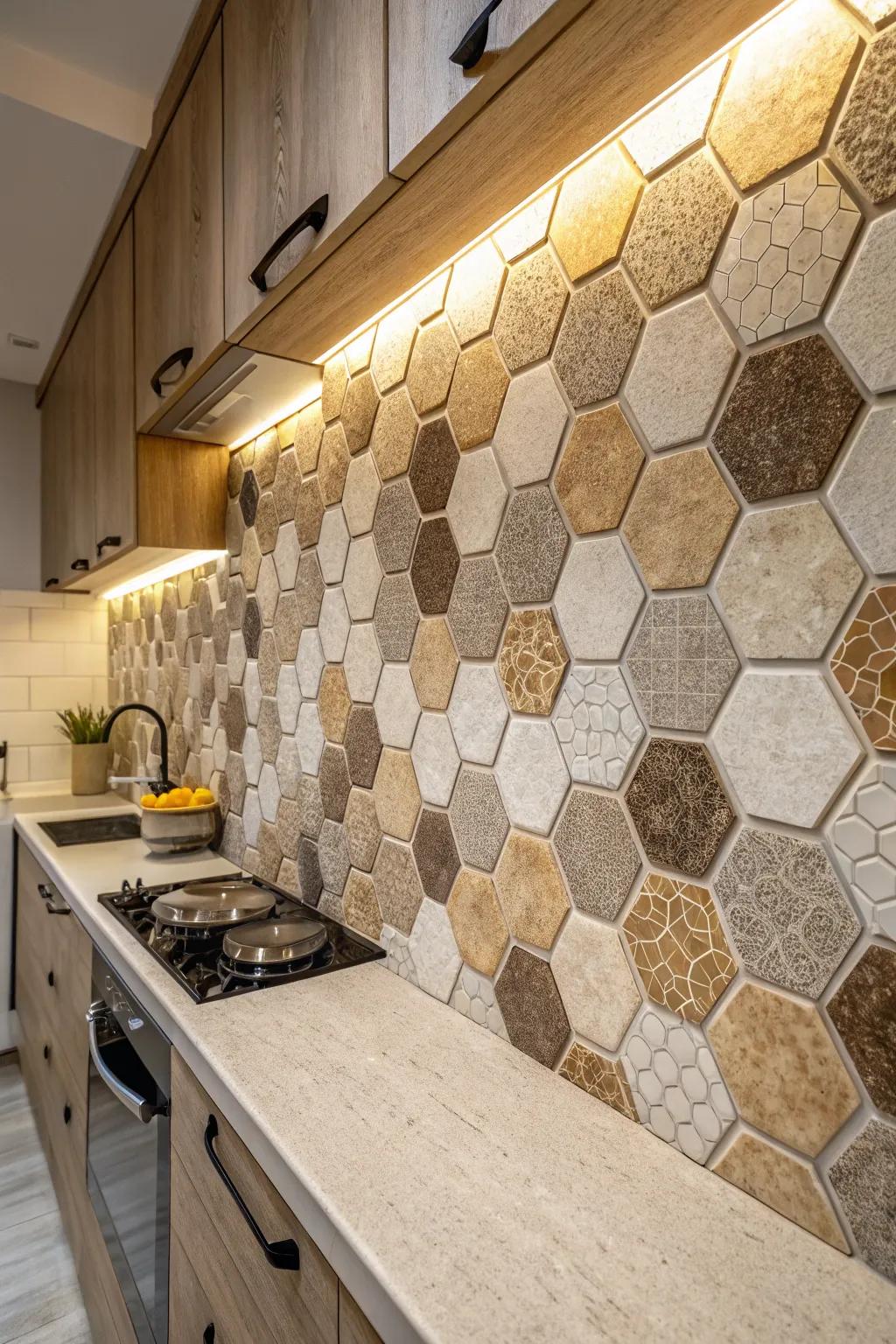Hexagon tiles add a geometric twist to modern kitchens.