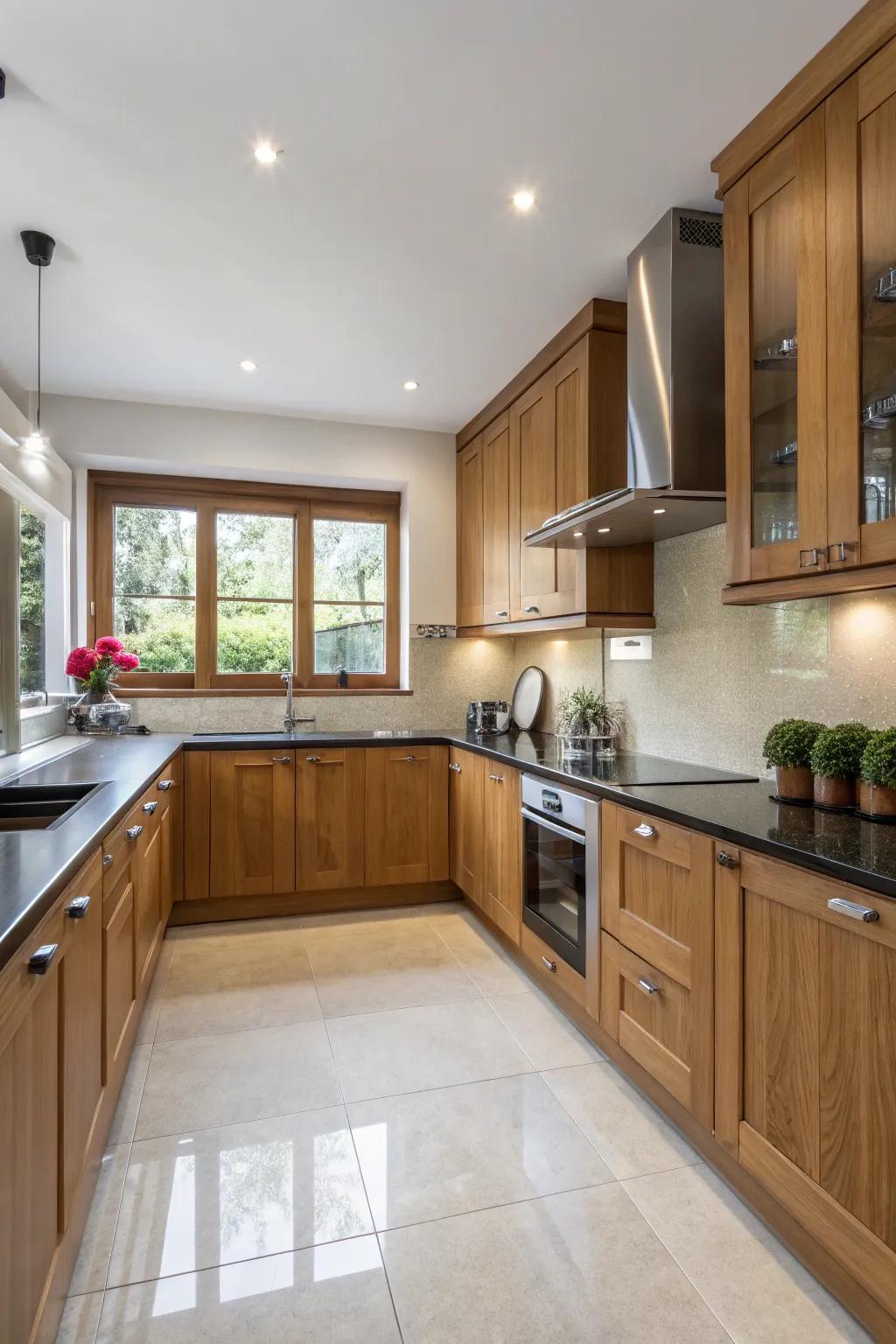 An L-shaped design provides optimal area use in modern kitchens with oak cabinets.