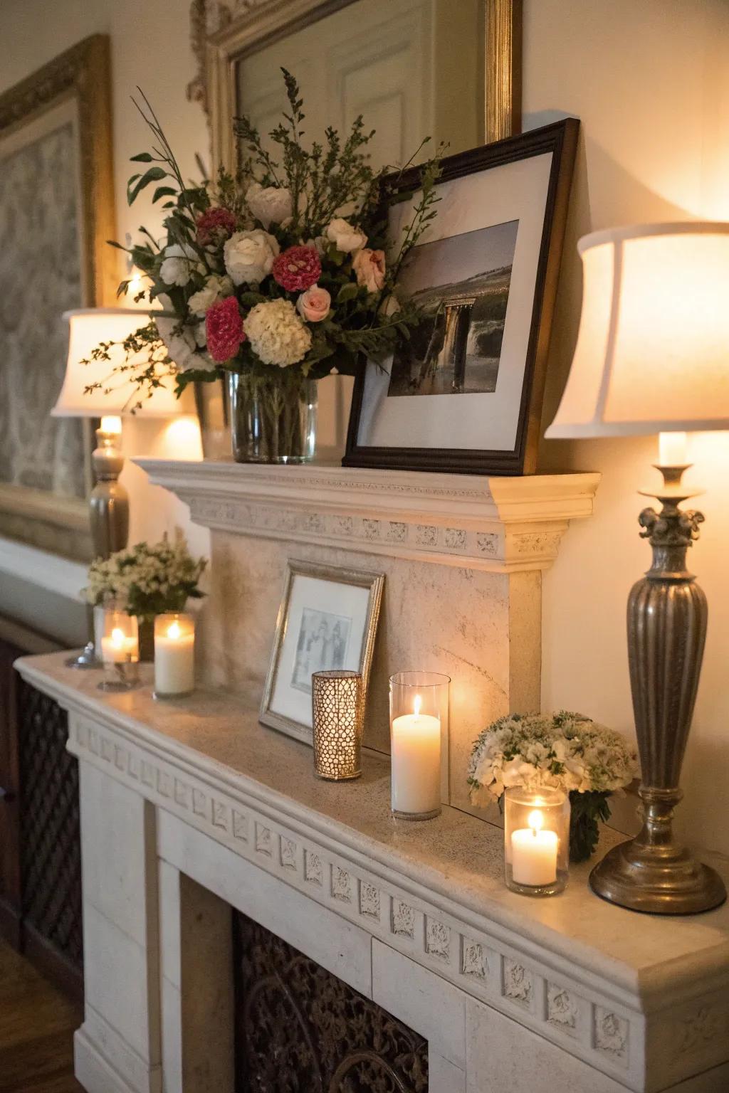 Lighting enhancing the attributes of your modern mantel.