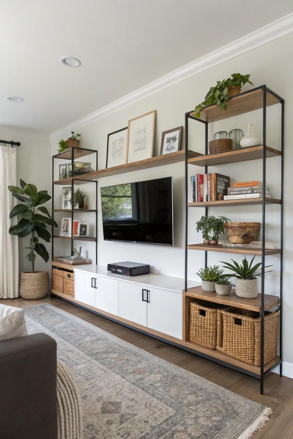 Modular units providing versatility and contemporary flair in a media wall.
