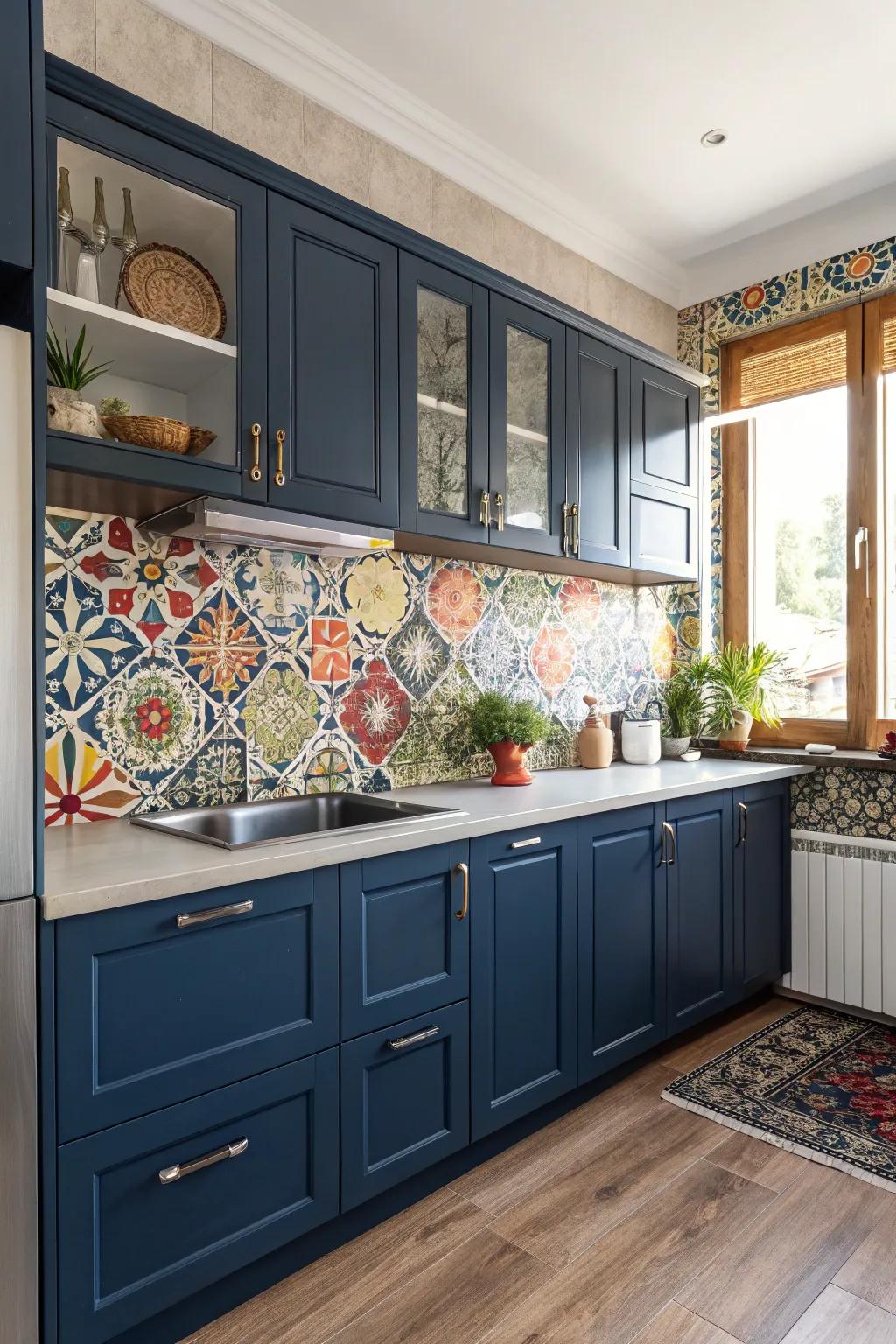 Worldly tiles introduce a vibrant and exotic touch to deep sea-inspired kitchens.