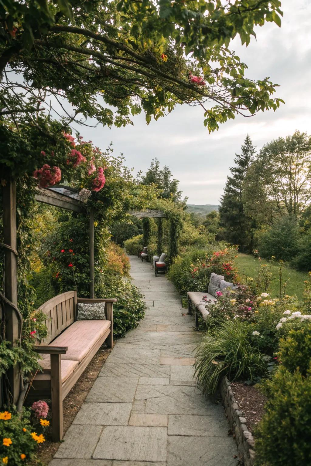 A garden path presenting a cozy seating spot for leisure.