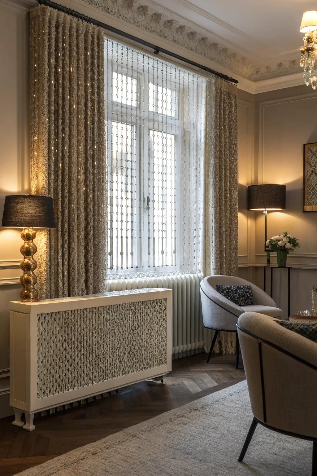 A radiator shield featuring elegant beaded curtains.