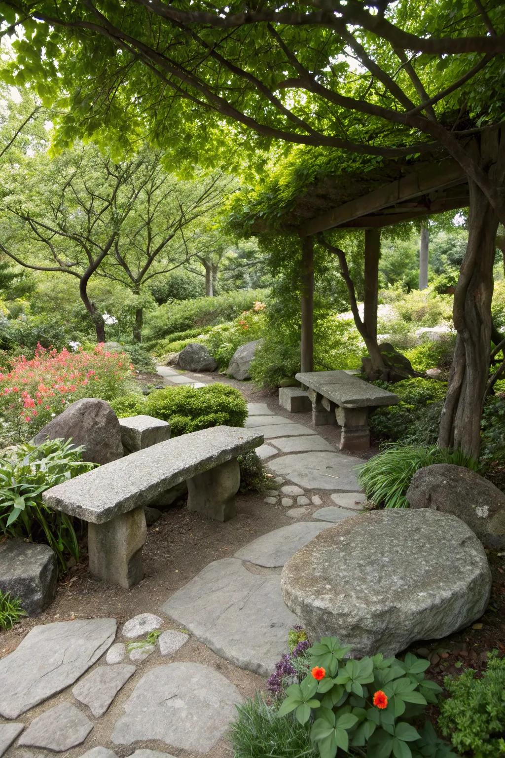 A stone bench seating area invites relaxation and enjoyment of nature.
