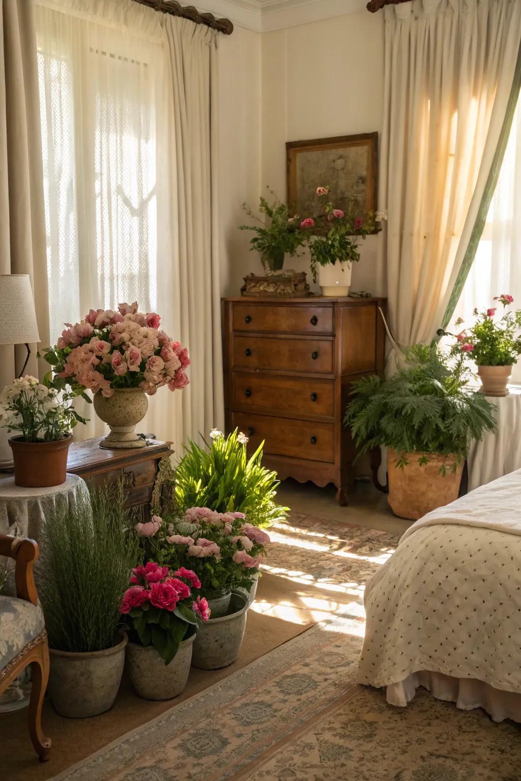 Botanical elements bring life and freshness to a modern shabby chic bedroom.