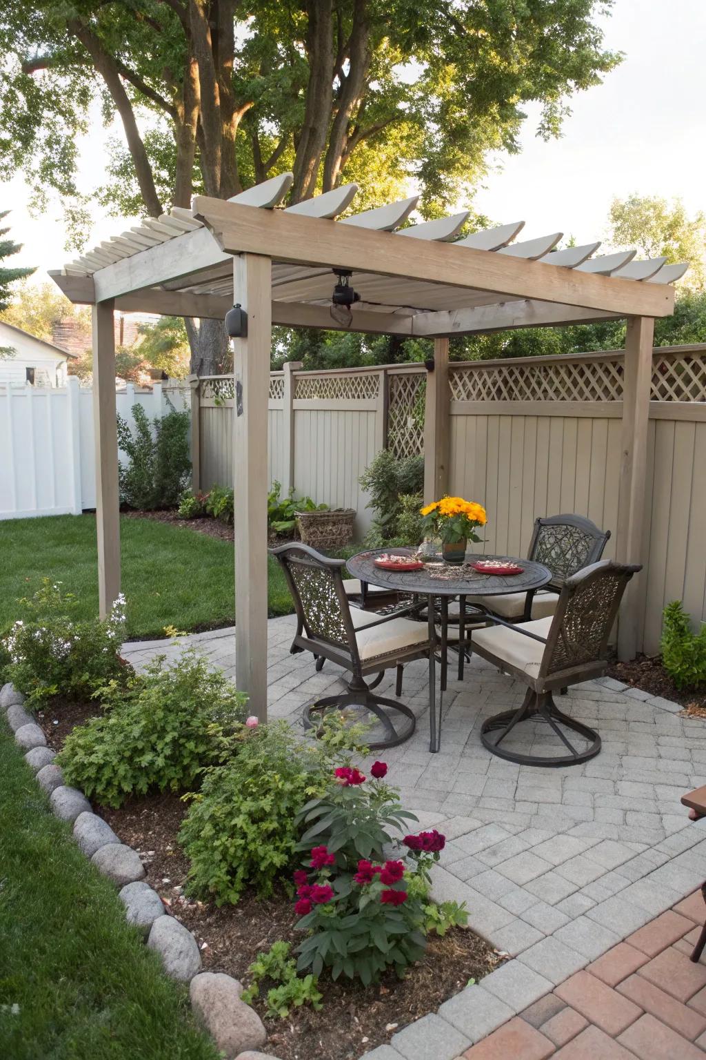 A small pergola adds charm and definition.
