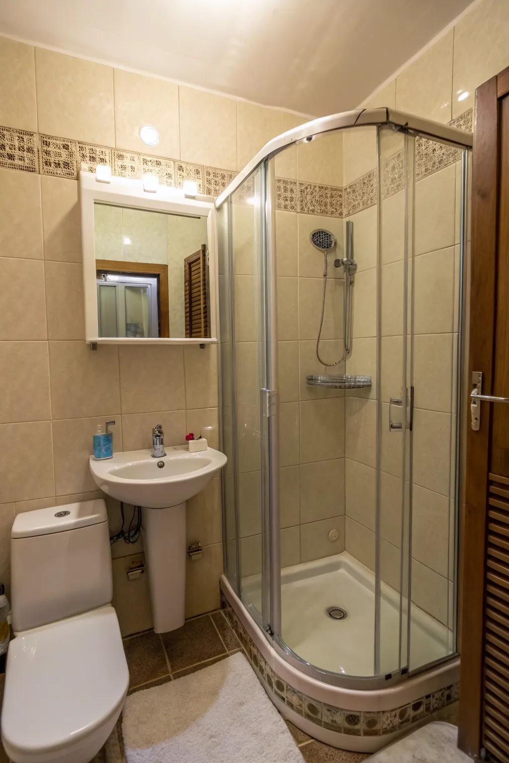 Glass enclosures open up this small bathroom.
