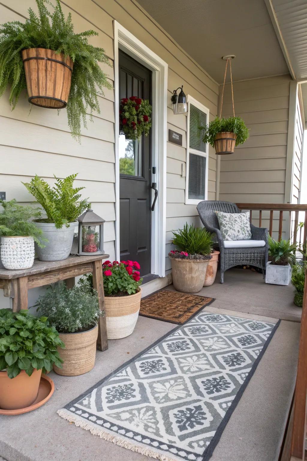 A compact front porch featuring practical and stylish accents for style and usefulness.