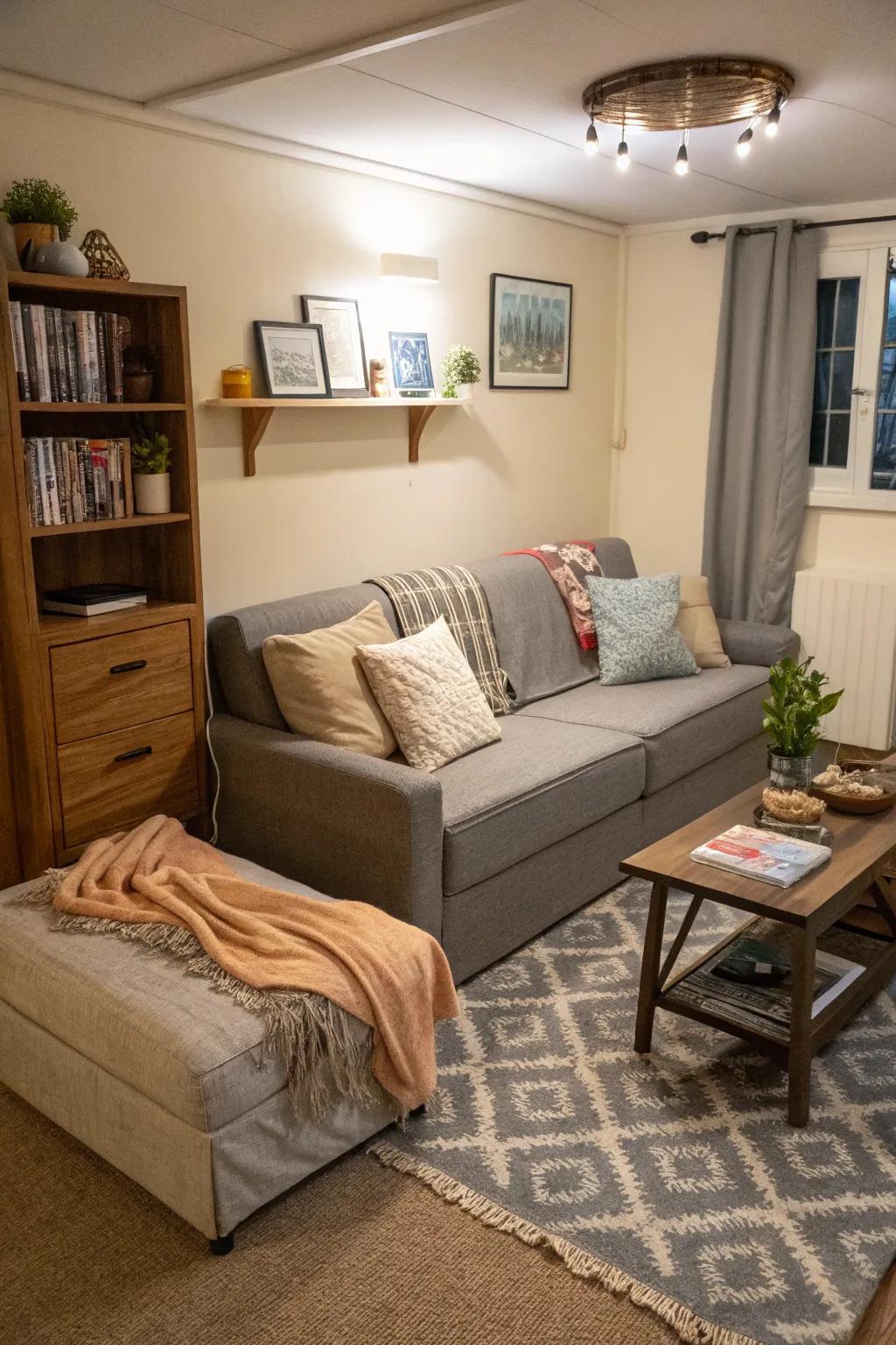 A small living area with flexible furniture, such as a sleeper sofa.