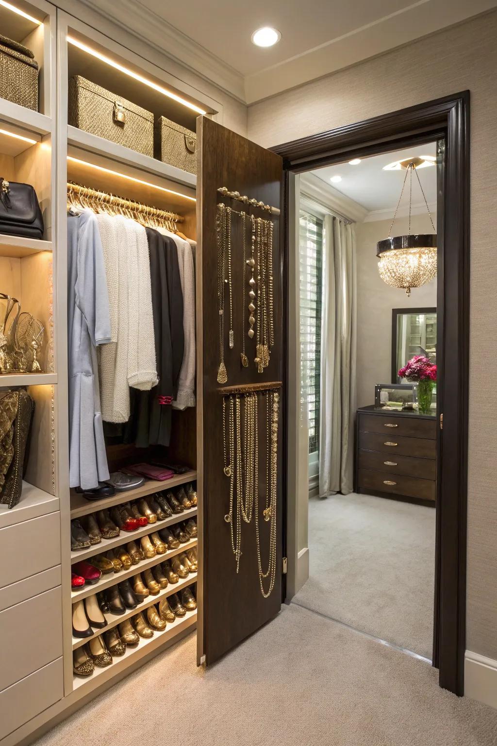 Hidden displays keep jewelry organized and out of sight.