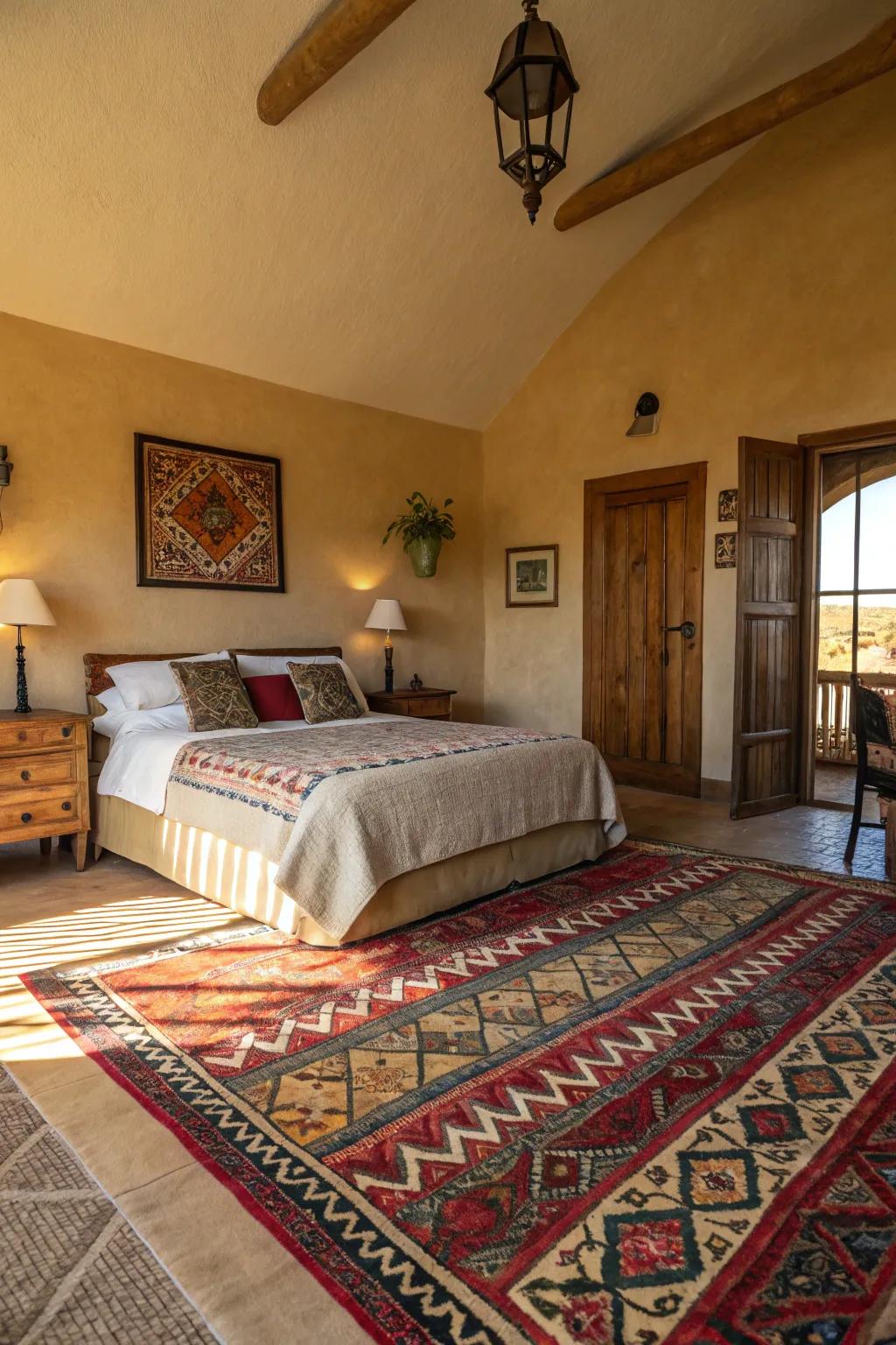 Bright patterned floor coverings introduce vibrancy and cohesion to a modern Spanish bedroom.