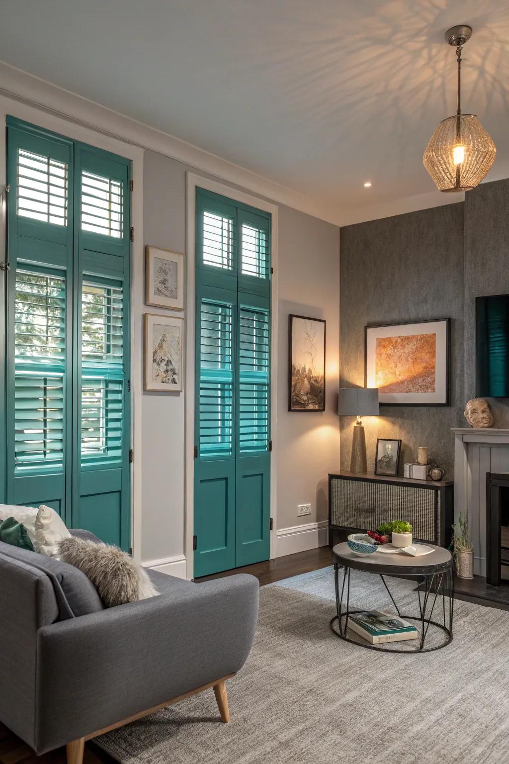 Teal shutters add a striking feature to a contemporary living room.