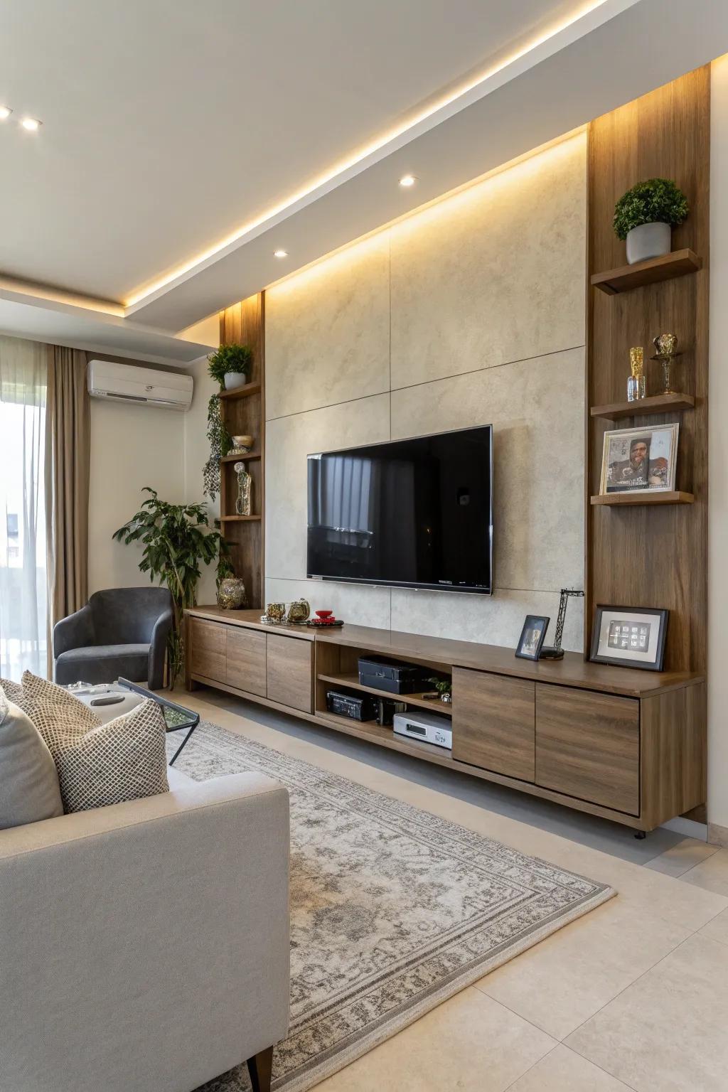 Contemporary furnishings complete the modern TV wall look.