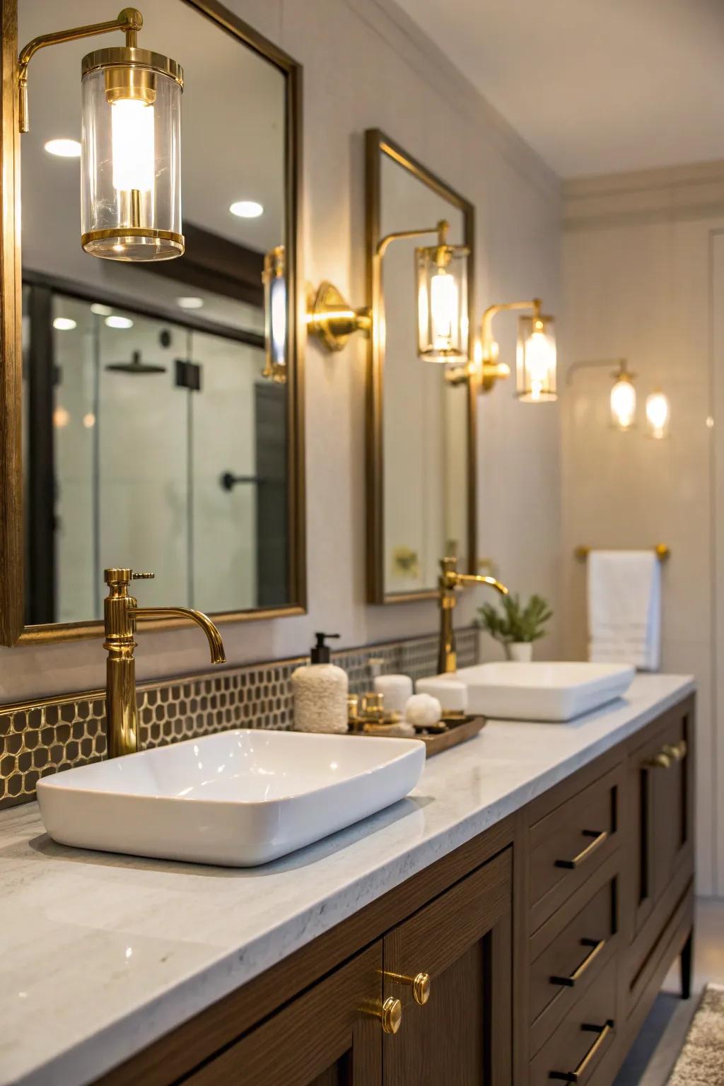 Warm brass tones enhance bathroom sophistication.