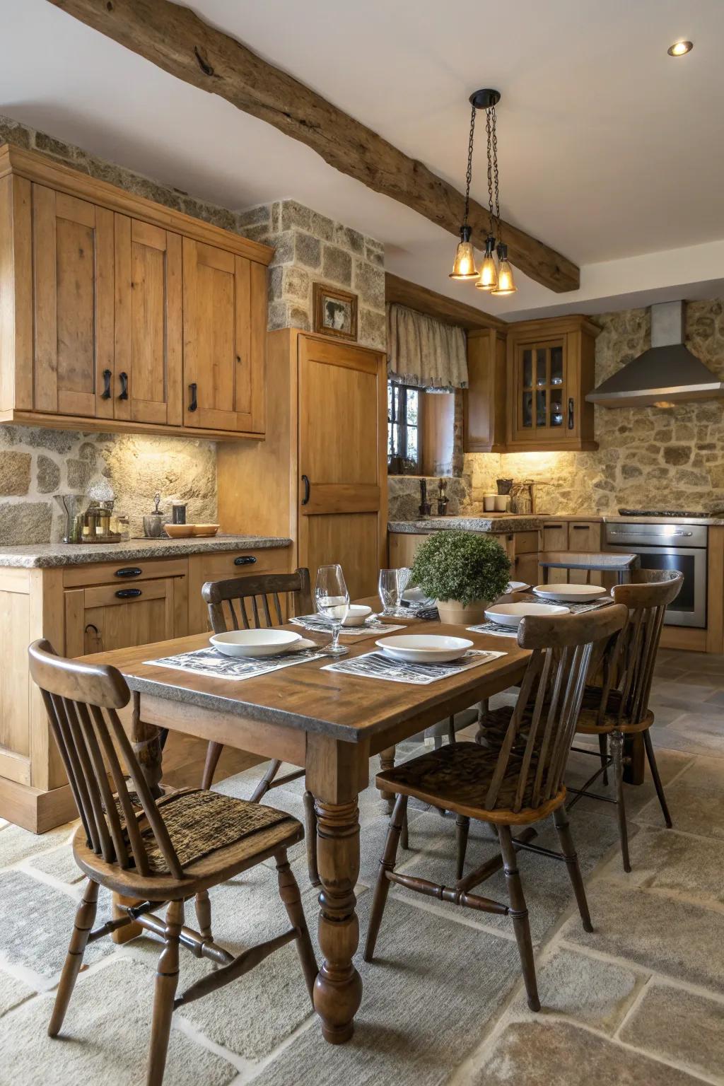 A farmhouse table and vintage chairs create an inviting dining area.