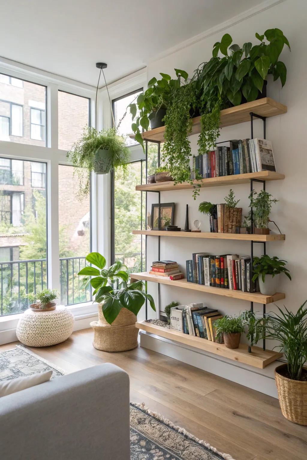 Floating shelves providing a versatile display for plants and books.