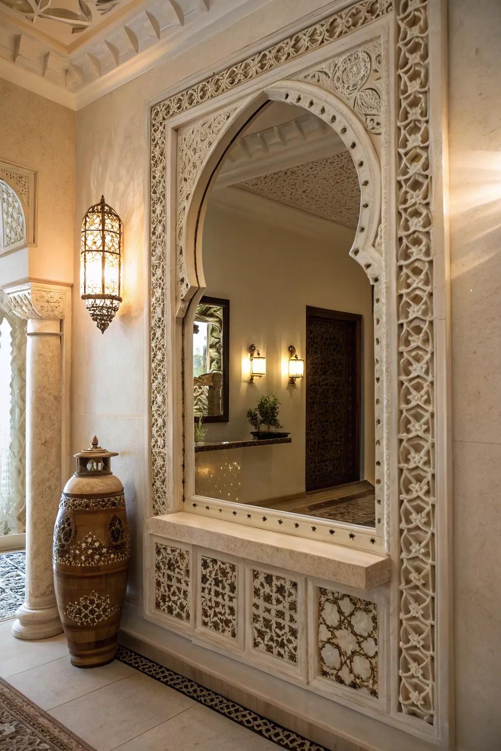 A wall niche with a mirror that makes the space look bigger.