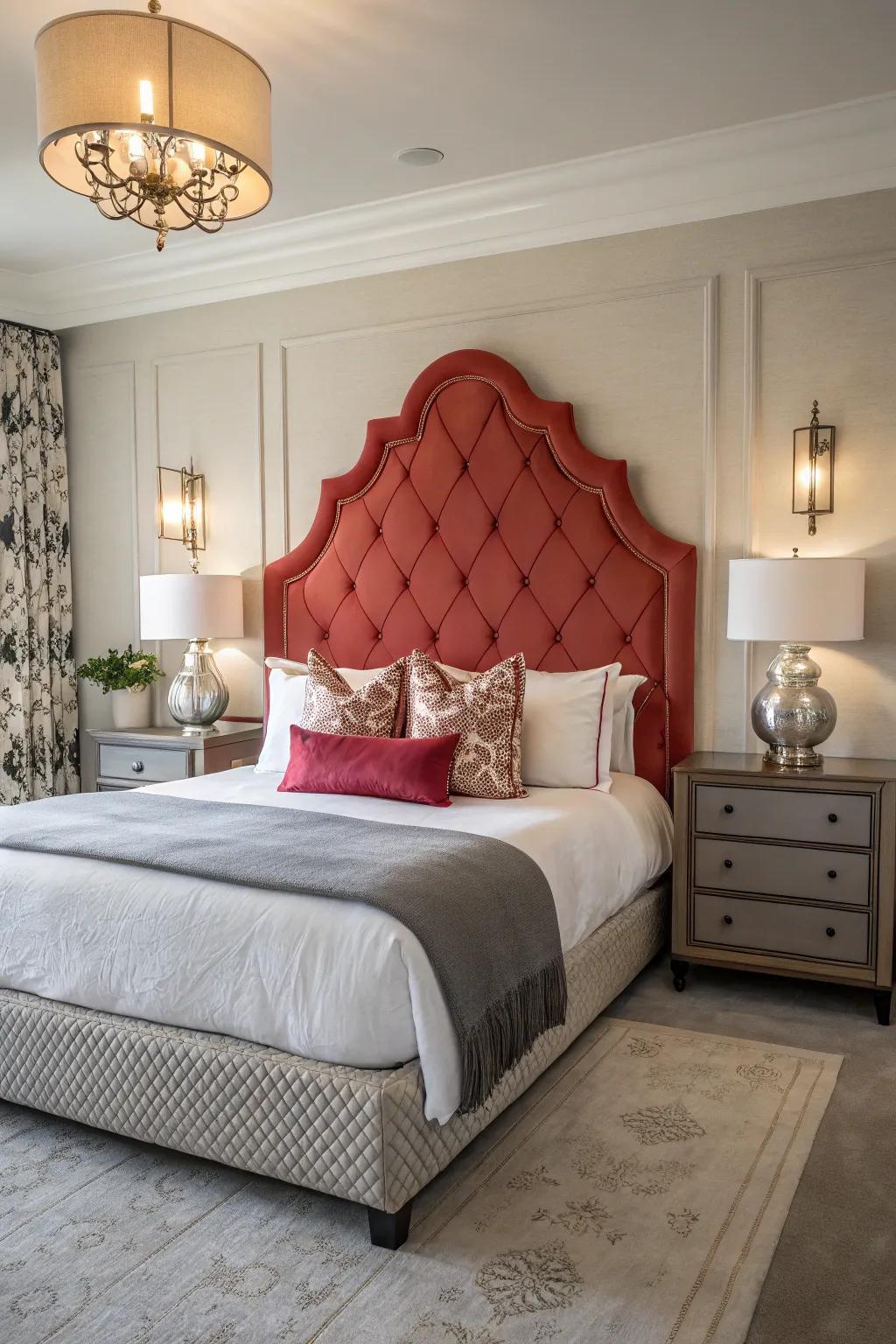 A bedroom featuring a bold, statement bed end.