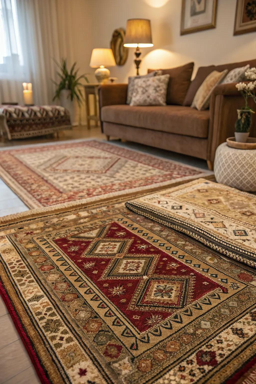 Layered floor coverings adding depth to an atmospheric living space.